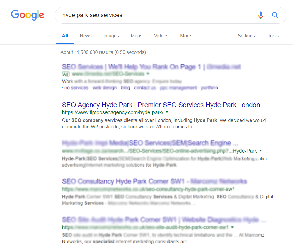 a search engine results page for hyde park seo services