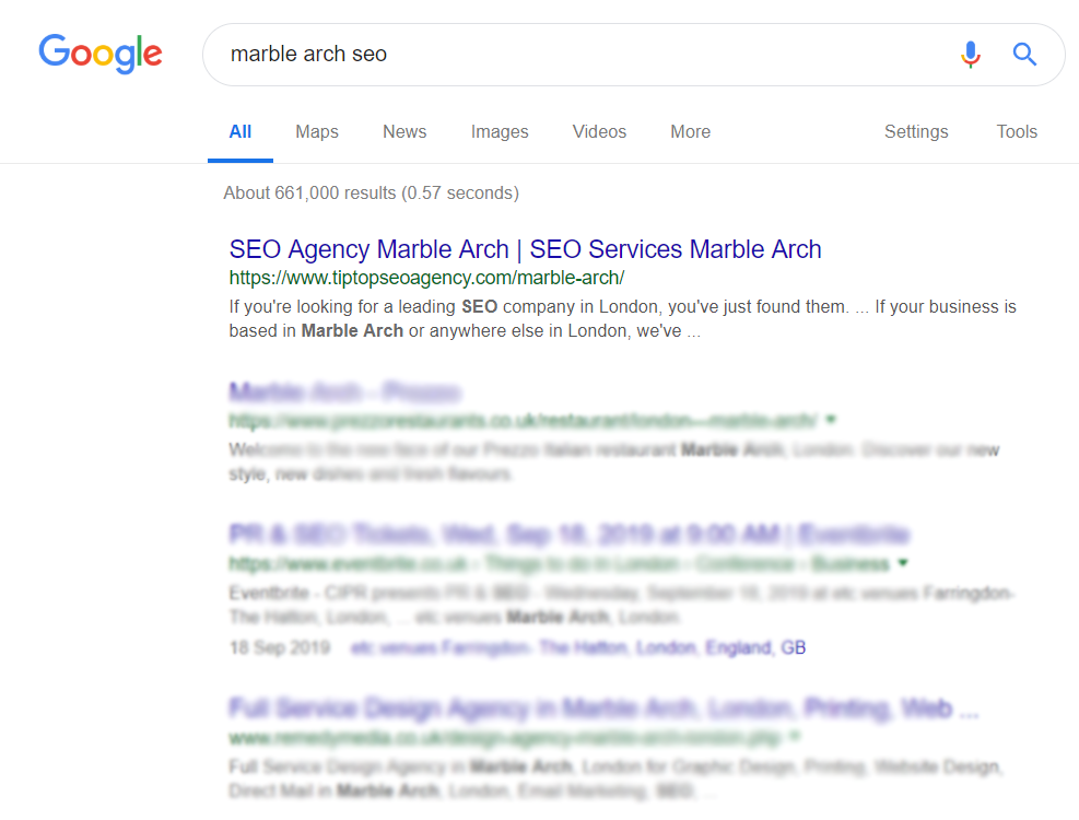 a search engine results page for the keyword marble arch seo