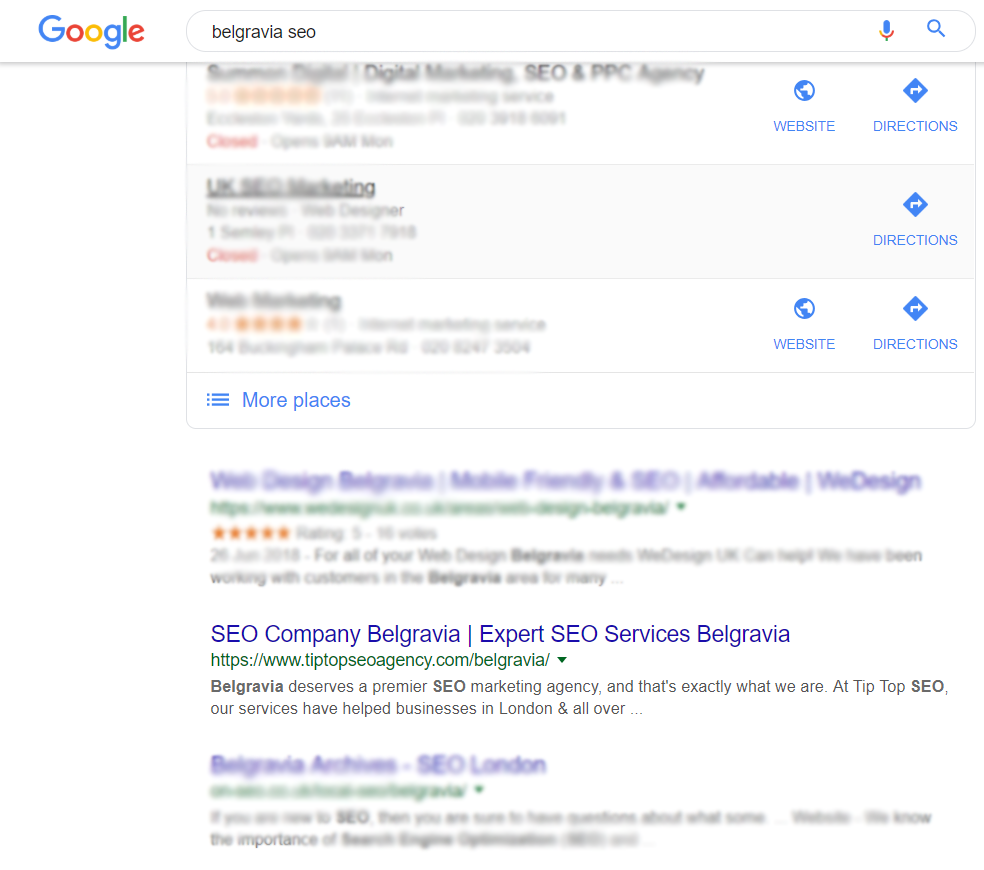a search engine results page for keyword belgravia seo ranking number 2