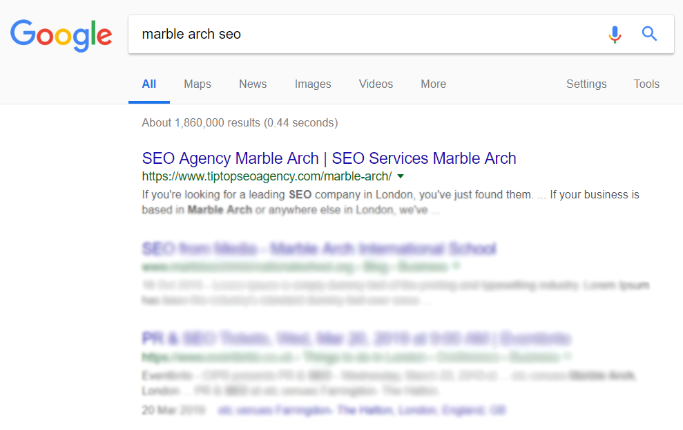 Clicks From Search proof of rankings - Marble Arch London a Google search engine results page with organic ranking for marble arch seo