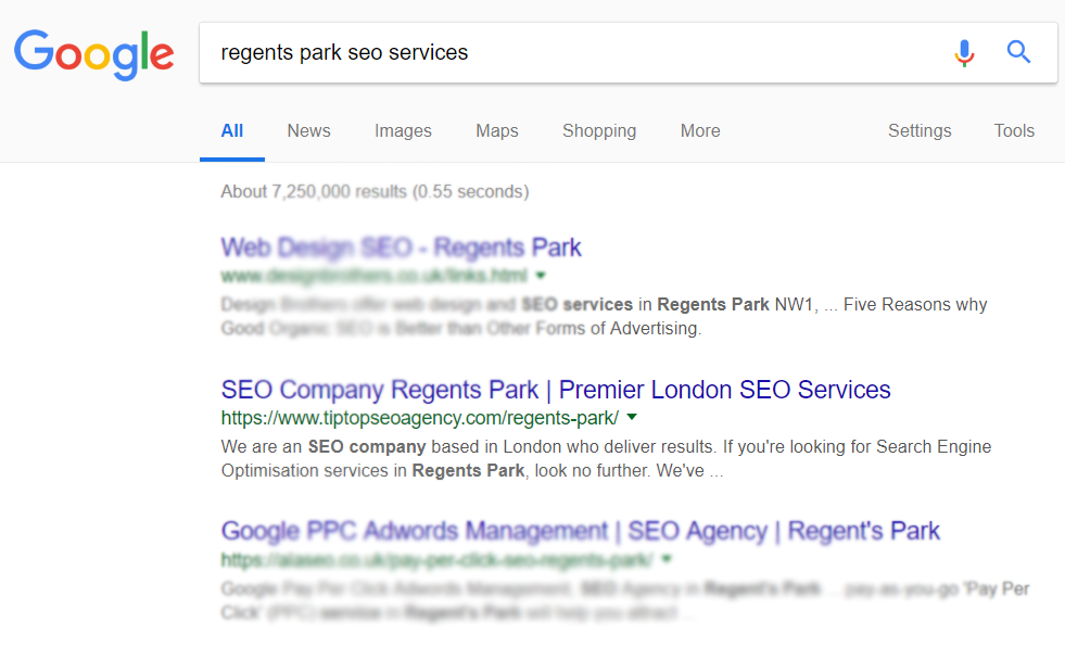 Clicks From Search proof of rankings - Regents Park London a search engine results page showcasing proof of rankings for regents park seo